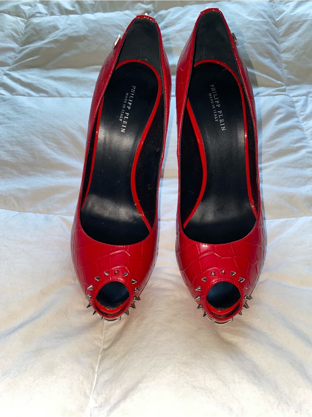 Philipp Plein Red Patent Peep-Toe Spike Heels